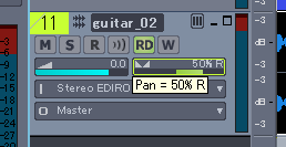 【guitar_02】の【Pan】を「R(右)」へ「50%」程度【Pan】させます.